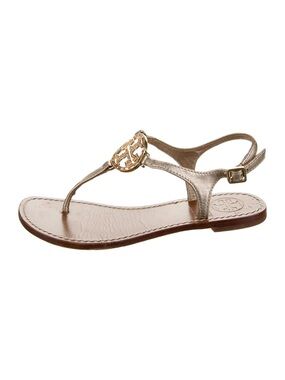 Tory Burch Metallic Crystal Embellished Logo T-Strap Sandals 8